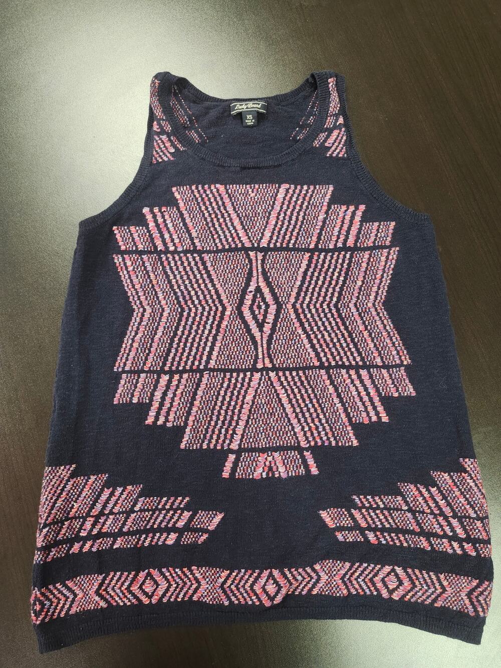 Lucky Brand Aztec Embroidered 100% Cotton Knit Sweater Vest Tank Navy Red White